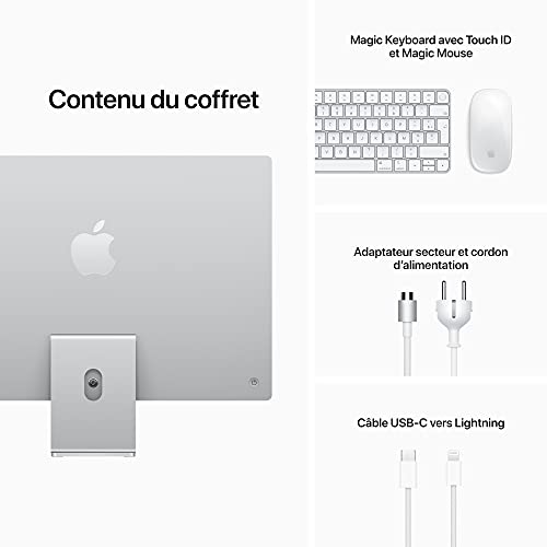 Apple 2021 iMac (24 Pouces, Puce M1 avec CPU 8 cœurs et GPU 8 cœurs, Quatre Ports, 8 Go RAM, 512 Go) - Argent