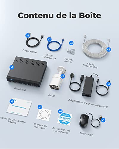 Reolink 4K Caméra de Surveillance Extérieure, Détection de Personne et Véhicule, Kit Vidéo Surveillance avec 8CH 2To NVR et Caméra IP PoE 4X 8MP, 30 Mètres Vision Nocturne avec Audio, RLK8-800B4-A