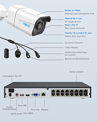 Reolink 4K 16CH Caméra de Surveillance Extérieur, 4To NVR avec Caméra IP PoE 8X 8MP, Détection de Perosnne et Véhicule, Kit Vidéo Surveillance avec 30 Mètres Vision Nocturne et Audio, RLK16-800B8-A