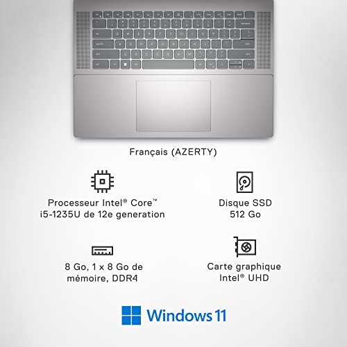 Dell Inspiron 16 5620 Intel Core i5-1235U Ordinateur portable 16" Full HD Platinum silver 8Go de RAM SSD 512Go Intel UHD Graphics Windows 11 Home Clavier AZERTY Français rétroéclairé